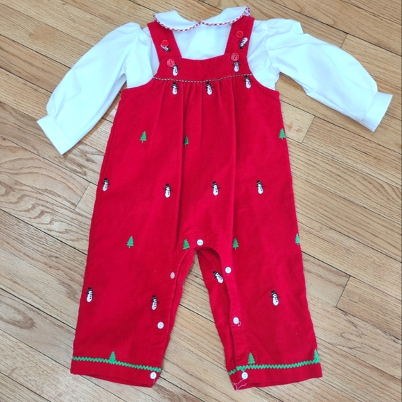 Vintage Other - Vintage Christmas embroidered corduroy overalls and collared top 24 mo